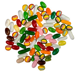 Pills, colored, different, on white background, colorful and diverse capsules and singles, isolates, nobody.