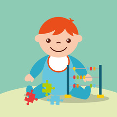 cute toddler boy with toys abacus and puzzles vector illustration