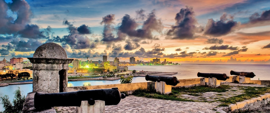 View of the city of Havana at sunset from the castle of the Three Kings of El Morro