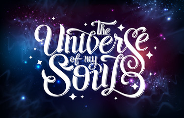 Lettering. typography design on Abstract open space background. Starfield, universe, nebula in galaxy. Vector illustration