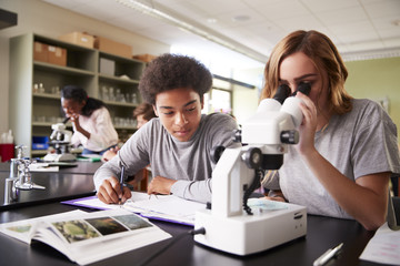 High School Students Looking Through Microscope In Biology Class - obrazy, fototapety, plakaty