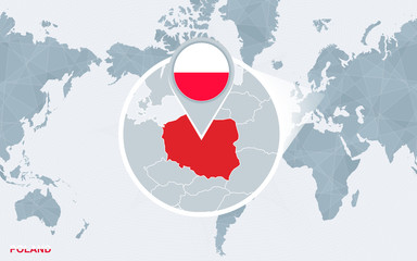 Obraz premium Mapa świata skoncentrowana na Ameryce z powiększoną Polską.