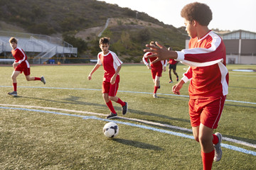 Group Of Male High School Students Playing In Soccer Team