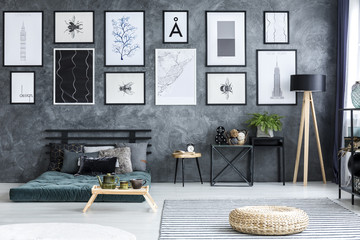 Grey bedroom interior with gallery