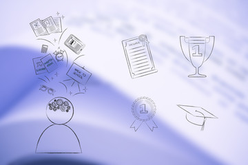 student thinking about school next to group of education accomplishment icons from degree to trophy and from 1st place winner medal to graduation cap