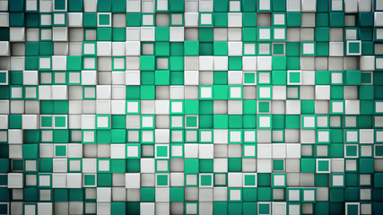 Wall of green and white 3D cubes abstract background