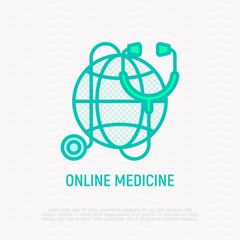 Online medicine thin line icon: stethoscope on globe. Modern vector illustration.