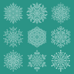 Set of white snowflakes. Fine winter ornaments. Snowflakes collection. Snowflakes for backgrounds and designs