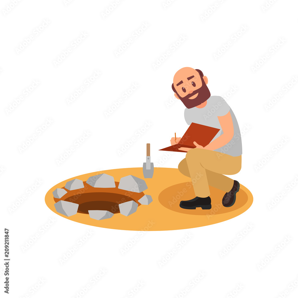 Poster archaeologist sitting near pit and making notes in folder. bald-headed man with beard. archaeologica