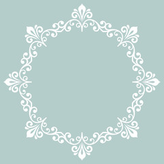 Oriental round white frame with arabesques and floral elements. Floral border with vintage pattern. Greeting card with place for text