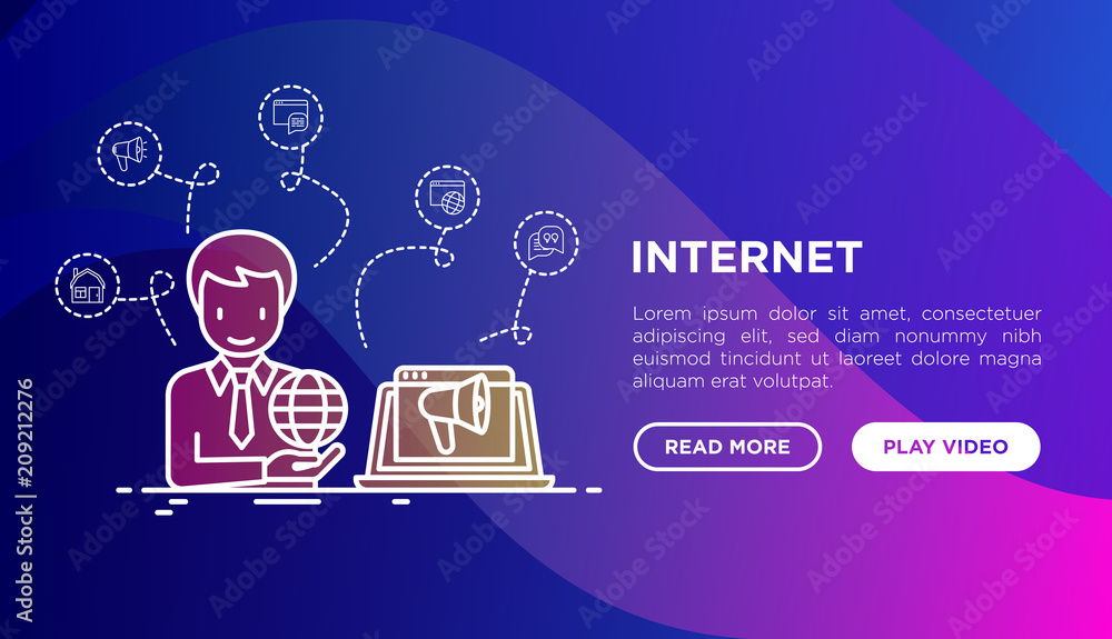 Aufkleber internet concept with thin line icons: user is searching information on laptop. modern vector illust