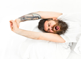 Man slept well, white background. Good morning concept.