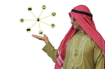 Obraz premium Arab businessman open palm with technology connection sign on white background