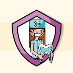 dentist girl tooth in protection emblem vector illustration