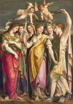 MODENA, ITALY - APRIL 14, 2018: The painting of St. Ursula among the st. virgins in church Abazzia di San Pietro by Ercole Setti (1568).