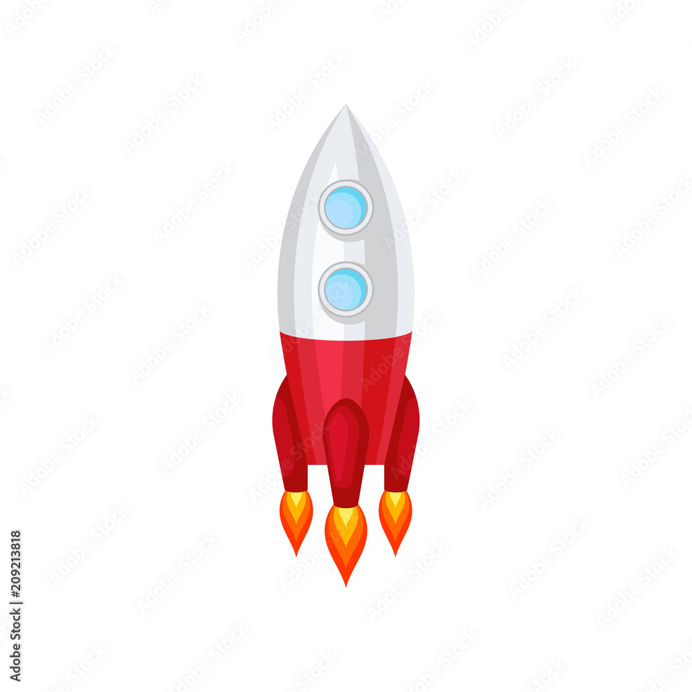 Poster rocket with engine fire. space ship with two round windows. big gray-red flying spacecraft. flat vec