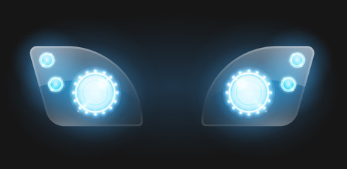Realistic car headlight isolated on black background. Vector 3d illustration.