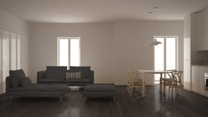 Modern clean living room with kitchen and dining table, sofa, pouf and chaise longue, minimal white and gray interior design