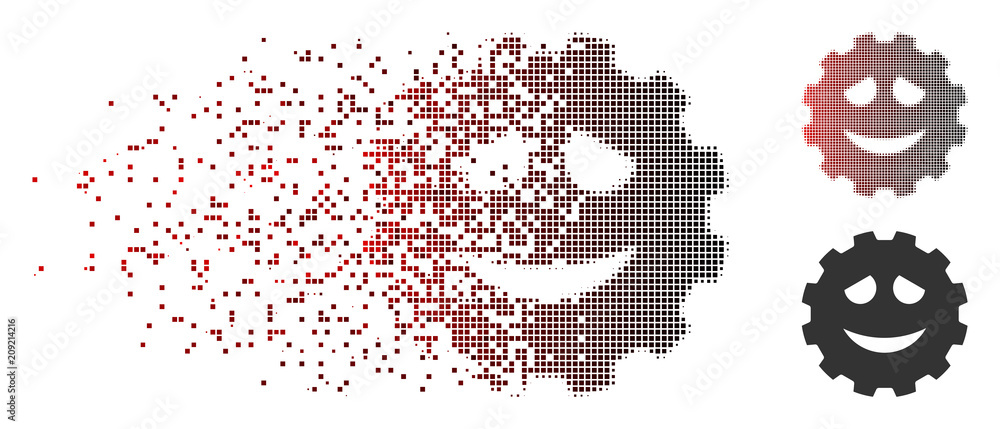 Poster vector funny smiley gear icon in fractured, pixelated halftone and undamaged whole variants. disappe
