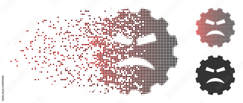 Poster vector furious smiley gear icon in sparkle, dotted halftone and undamaged solid versions. disappeari