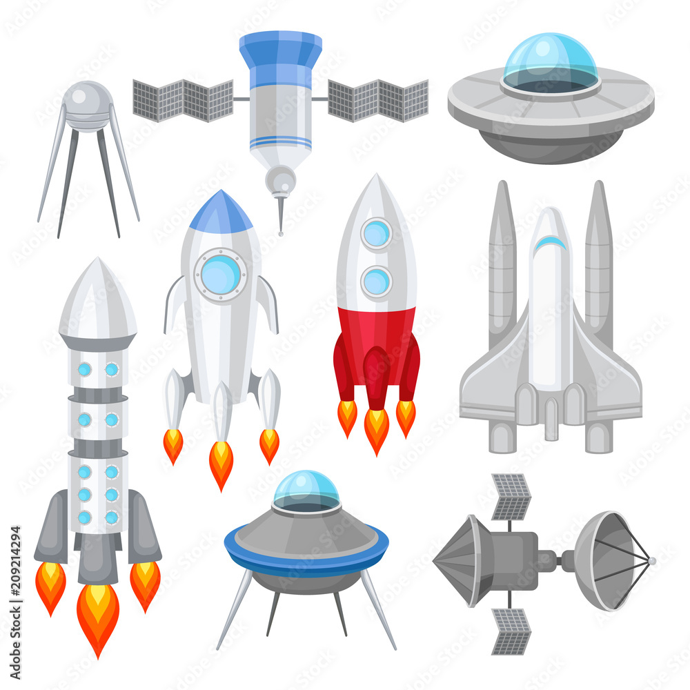 Poster flat vector set of various spacecrafts. rockets with engine fire, large space shuttle, alien flying 