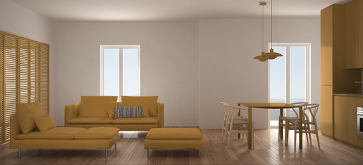 Minimalist scandinavian living room with kitchen and dining table, sofa, pouf and chaise longue, panoramic window, contemporary white and yellow interior design
