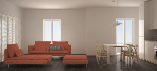 Minimalist scandinavian living room with kitchen and dining table, sofa, pouf and chaise longue, panoramic window, contemporary white and orange interior design