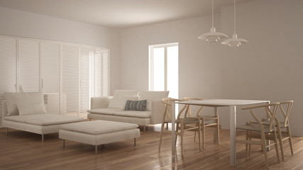 Modern clean living room with sliding door and dining table, sofa, pouf and chaise longue, minimal white interior design
