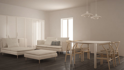 Modern clean living room with sliding door and dining table, sofa, pouf and chaise longue, minimal white and gray interior design