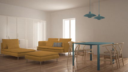 Modern clean living room with sliding door and dining table, sofa, pouf and chaise longue, minimal blue and yellow interior design