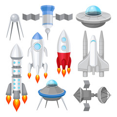 Flat vector set of various spacecrafts. Rockets with engine fire, large space shuttle, alien flying saucers and satellites. Cosmos theme