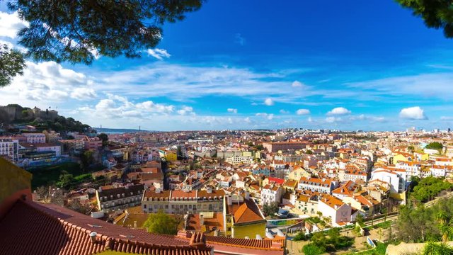 Panoramic time-lapse view on fast moving clouds in the blue sky over the terracotta rooftops in the centre of Lisbon.
