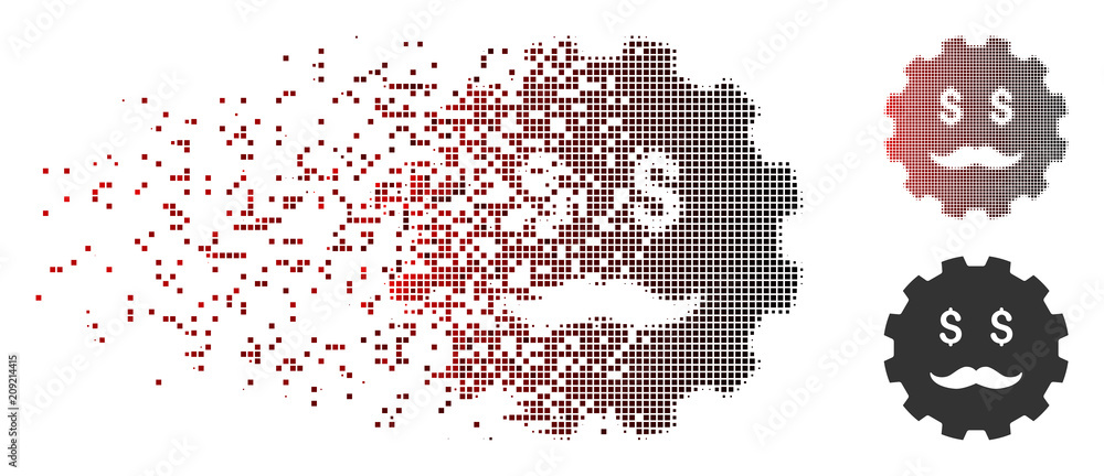 Poster vector investor smiley gear icon in sparkle, dotted halftone and undamaged whole versions. disintegr