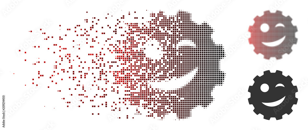 Poster vector joke smiley gear icon in dispersed, dotted halftone and undamaged entire versions. disintegra