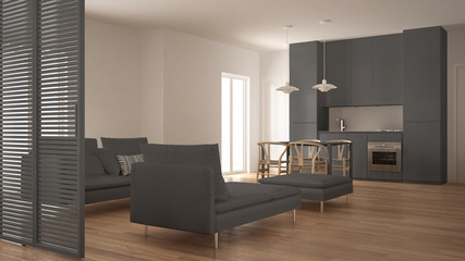 Modern clean living room with kitchen and dining table, sofa, pouf and chaise longue, minimal white and gray interior design