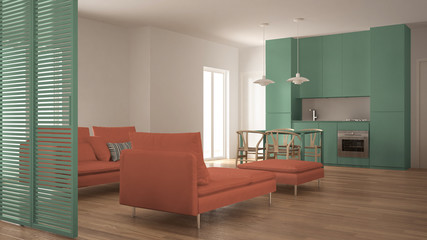 Modern clean living room with kitchen and dining table, sofa, pouf and chaise longue, minimal green and orange interior design
