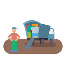 A man unloads a truck with things