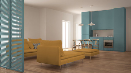 Modern clean living room with kitchen and dining table, sofa, pouf and chaise longue, minimal blue and yellow interior design