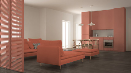 Modern clean living room with kitchen and dining table, sofa, pouf and chaise longue, minimal gray and orange interior design