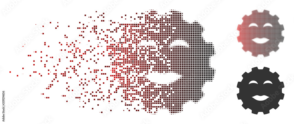 Poster vector lady pleasure smiley gear icon in sparkle, pixelated halftone and undamaged whole variants. d