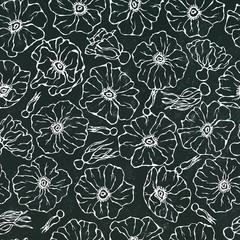 Black Board Background. Seamless Pattern Watercolor Wild Rose Pink Flower. Dog Rose, Briar Leaf. Botanical Painting. Realistic Hand Drawn Illustration. Savoyar Doodle Style.