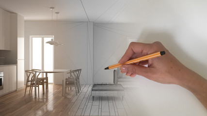 Architect interior designer concept: hand drawing a design interior project while the space becomes real, white scandinavian living room with kitchen