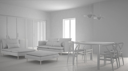 Total white project of modern clean living room with sliding door and dining table, sofa, pouf and chaise longue, minimal interior design