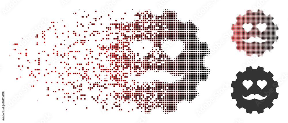 Poster vector lover smiley gear icon in dissolved, pixelated halftone and undamaged whole versions. disappe