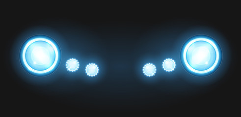 Realistic round glass lamp or car headlight isolated on black background. Vector 3d illustration.