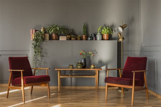 Flowers on wooden table between dark red armchairs in simple grey living room interior. Real photo
