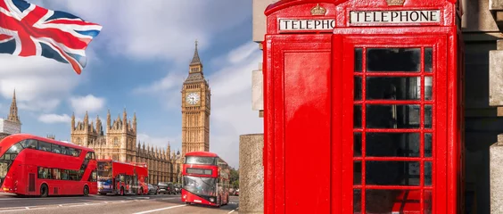 Keuken foto achterwand Londen rode bus Londense symbolen met BIG BEN, DOUBLE DECKER BUS en rode telefooncellen in Engeland, VK