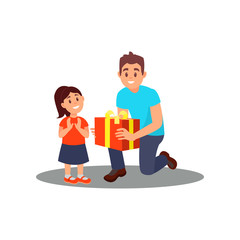 Volunteer giving gift to little girl. Social worker. Father congratulates daughter on her Birthday. Flat vector design