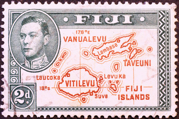 Map of Fiji Islands on old postage stamp