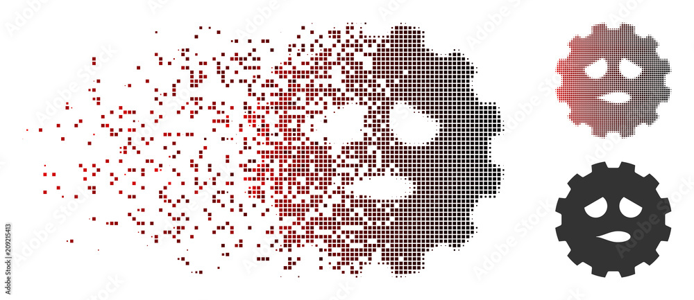 Poster vector sad face smiley gear icon in dispersed, pixelated halftone and undamaged entire versions. dis
